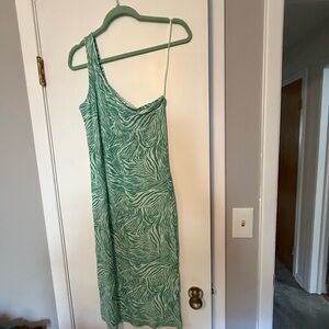 Nine West Teal Patterned One-Shoulder Dress